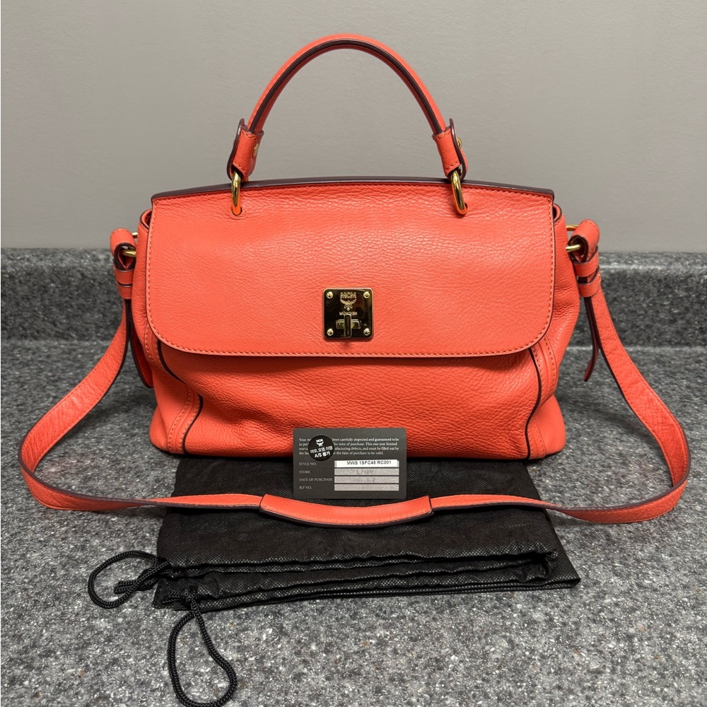 MCM Pebbled Leather Coral Satchel Shoulder/Crossbody Bag Purse Adjustable Strap